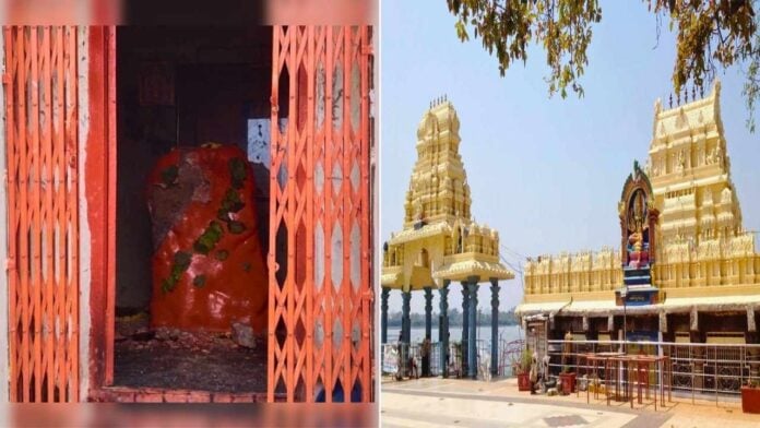 Hindu temple entrance with floral decorations and a religious procession in Telangana.