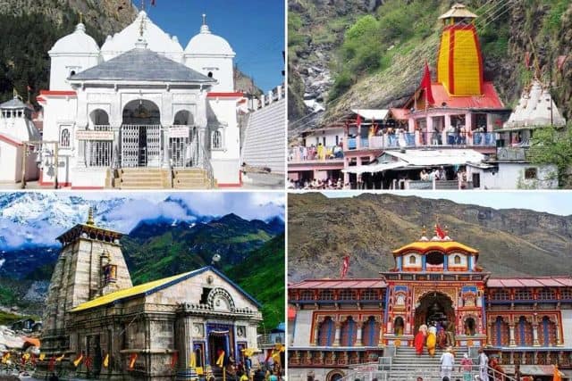 Hindu temples in Himalayas, including Badri-Kedar, with traditional architecture and scenic mountain.