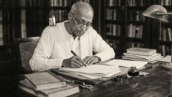 Rajaji studying documents and writing at his desk, symbolizing scholar-statesman leadership.