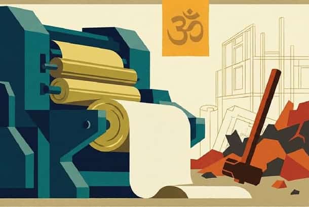 Illustration of a printing press with a paper roll, Hindu symbol, and construction debris.