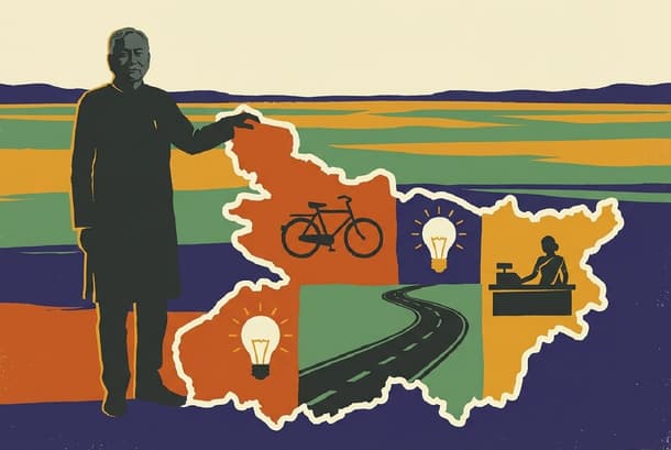 Nitish Kumar leaving Bihar, symbolized by map, bicycle, light bulbs, and road.