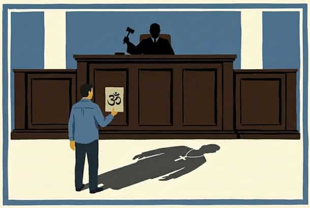 Hindu man holding Om symbol in court during legal proceedings.