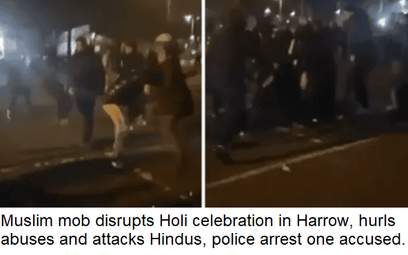 Muslim youths disrupt Holi celebration in Harrow, causing chaos and police intervention.