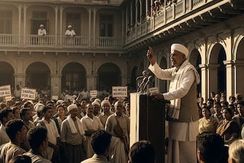 Mahatma Rajaji speaking to a crowd during the Utsav, highlighting resistance against Nehru's policie.