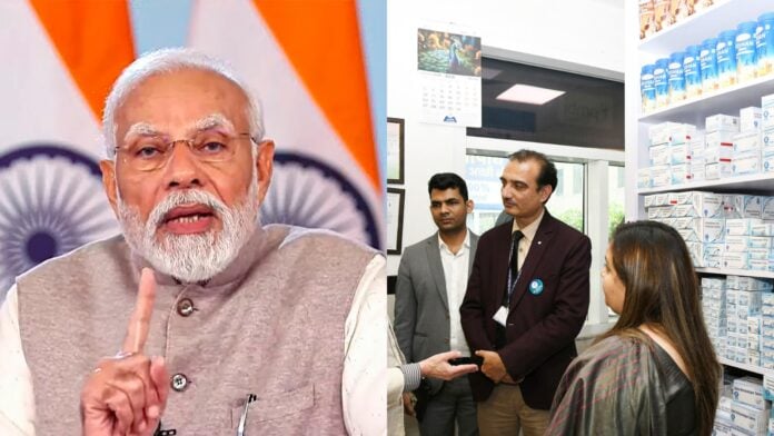 Prime Minister Narendra Modi visiting a Jan AushadhiKendra promoting affordable medicines in India.