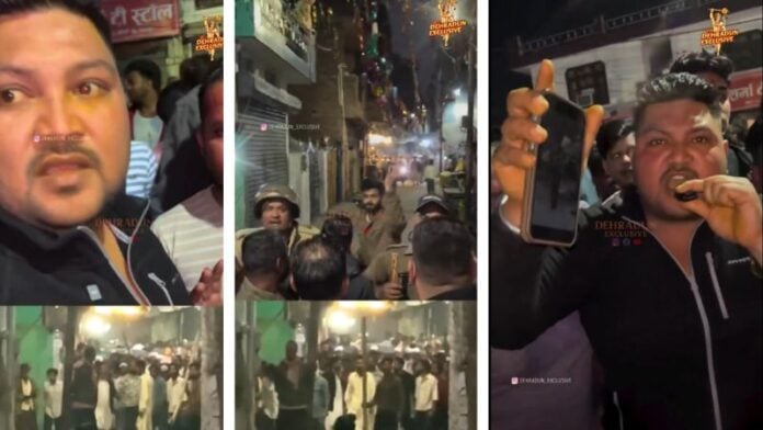 Hindu woman involved in protest in Dehradun, surrounded by crowd and tense atmosphere.
