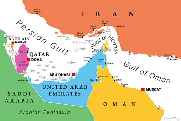 Map highlighting Middle East and Gulf region with key countries and cities.