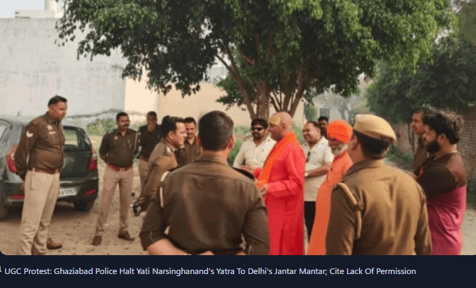 Police stop Yati Narsinghanand’s yatra during protest at Jantar Mantar in Ghaziabad.
