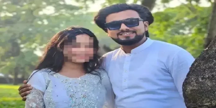 Happy wedding of a modern Hindu girl and Muslim groom in a park setting.