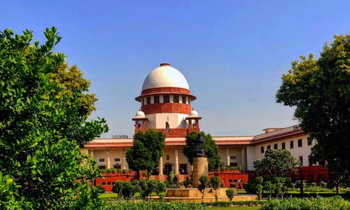 Image of the Supreme Court of India with lush greenery and clear sky.