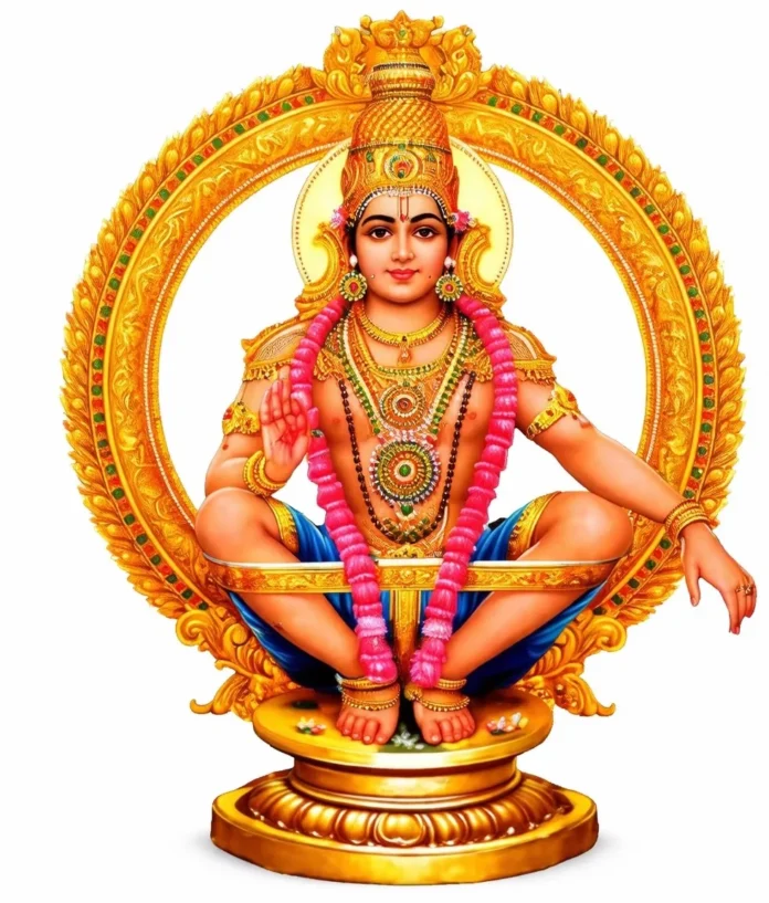 Hindu deity Ayyappa, Ayyanar, Shasta in colorful traditional attire and jewelry.