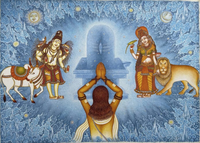 A devotee praying with Lord Shiva, Goddess Parvati, and Nandi in a spiritual scene.