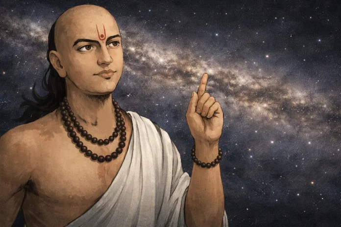 Portrait of Aryabhata, ancient Indian astronomer, with starry sky background, highlighting Indian as.