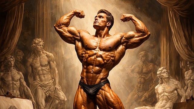 A powerful 19th-century strongman flexing muscles in a vintage gym scene.