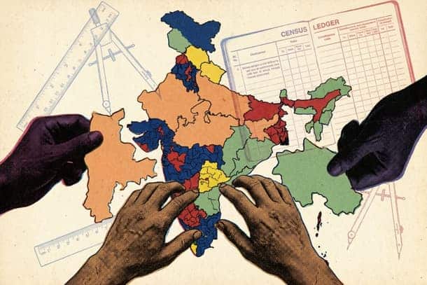 Map of India highlighting electoral boundaries and delimitation process.