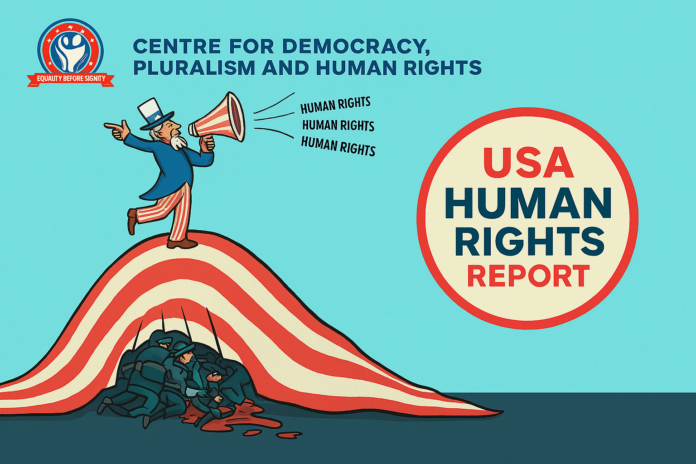 Illustration of a man with a megaphone addressing police officers, highlighting racial discriminatio.