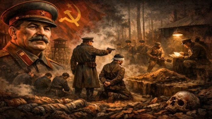 स्टालिन के कम्युनिस्ट शासन में नरसंहार का दृश्य, खून से लथपथ शव और युद्ध का माहौल.