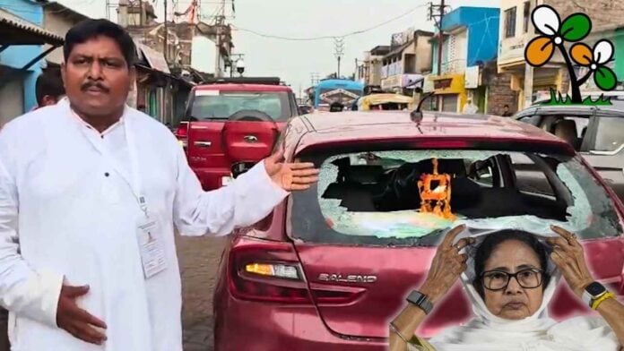 A man pointing at damaged car with broken window, woman holding her head in fear.