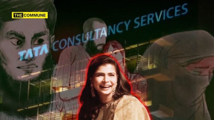 Woman smiling outside TATA Consultancy Services office with overlay images of Chinmayi Sripada.