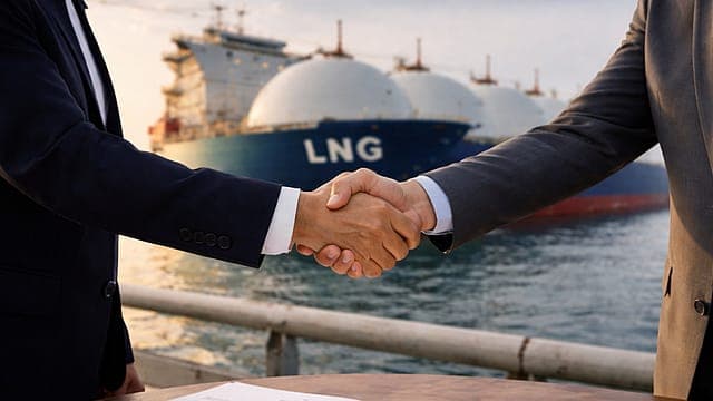 Businessmen shaking hands in front of LNG ships, symbolizing India’s LNG supply chain partnership.
