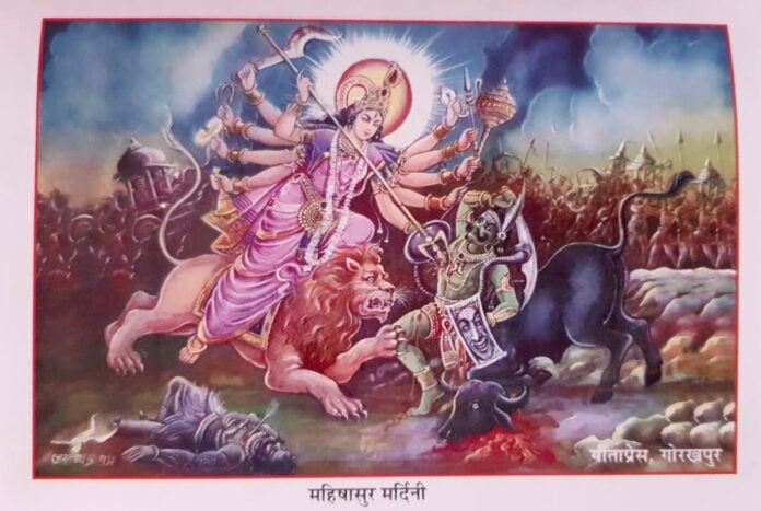 Goddess Durga riding a lion, defeating Mahishasura in a battle scene, Hindu goddess worship.