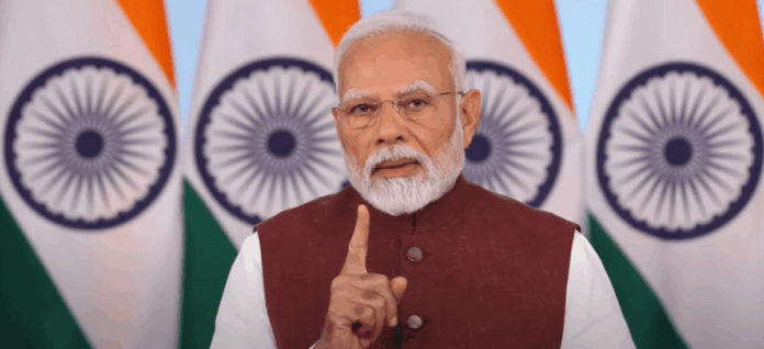 Prime Minister Narendra Modi emphasizing innovation and intellectual property in Indian defense deve.