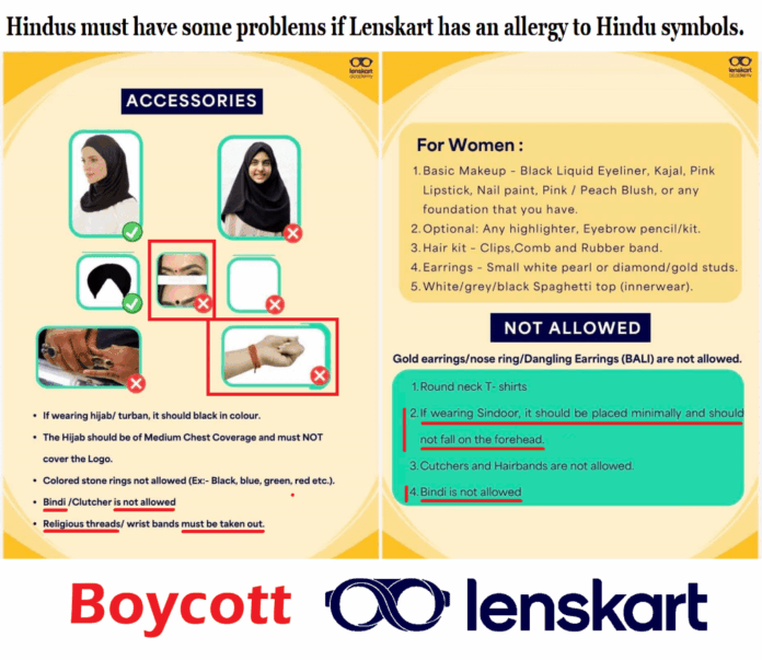 Boycott Lenskart dress code controversy, Hindu symbols, staff uniform protest.