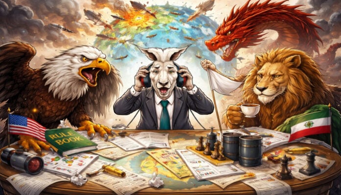 A goat in a suit with headphones surrounded by eagles, lions, and dragons, symbolizing international.