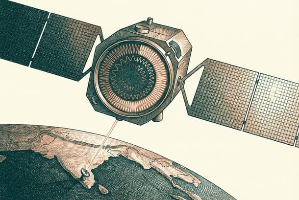 A satellite with solar panels orbiting Earth, related to NavIC's clock system.