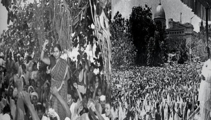 Large political rally in West Bengal during the 1970s, reflecting the era of violence before 1977.