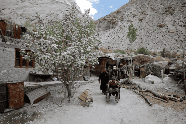 A rural mountain village scene with traditional homes, a blooming tree, and villagers.