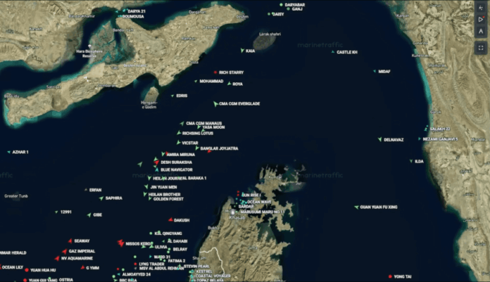 Map of the Strait of Hormuz showing tanker routes, locations, and recent incidents related to region.