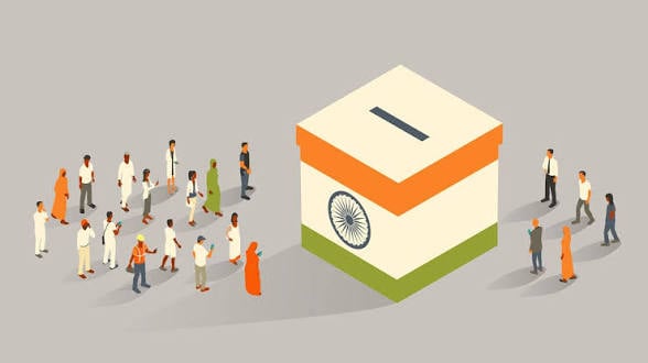 Illustration of people around a ballot box representing census, delimitation, and tax devolution iss.