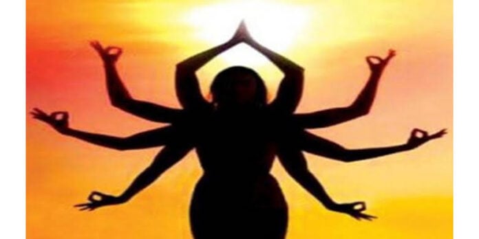 Illustration of a woman with multiple arms practicing yoga, symbolizing female strength and empowerm.