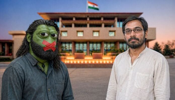 Muhammad Ali Khan and a masked individual outside government building, related to court case.