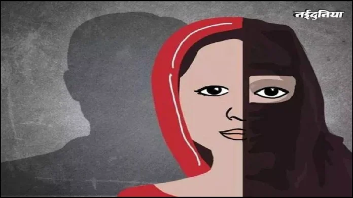 Illustration of a woman with half uncovered face and half covered face, symbolizing love jihad issue.