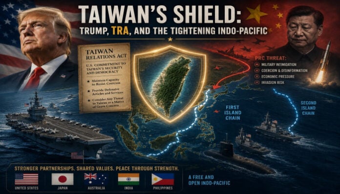 Illustration of Taiwan's defense shield with US, Japan, India, and Philippines flags, highlighting r.