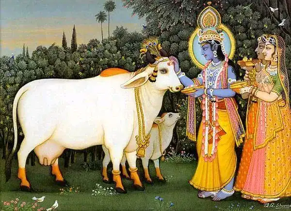 Hindu deity Lord Krishna with cows, symbolizing cow protection and cultural heritage in India.