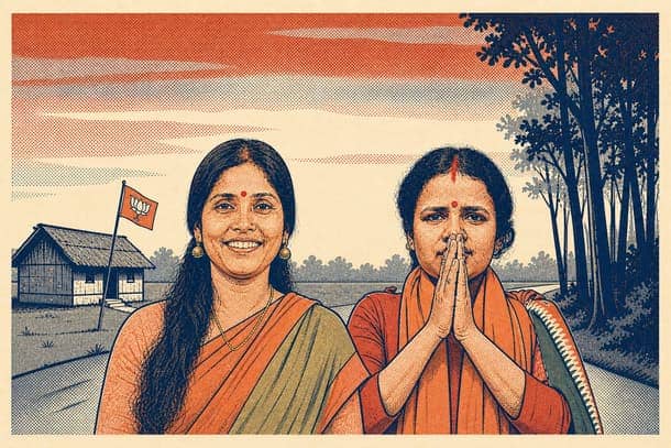 Two women in traditional sarees, one smiling and the other with folded hands, standing outdoors.