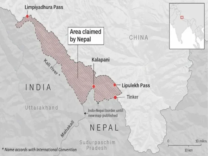 Map showing Nepal's border area claimed by India, including Lipulekh Pass and Kalapani.