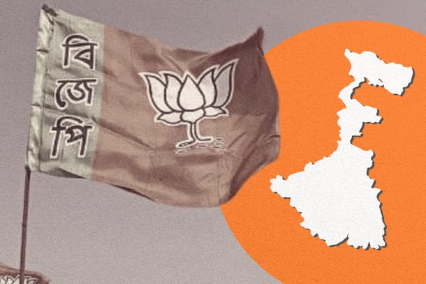 BJP flag flying next to a map of Bengal, symbolizing political focus in the region.