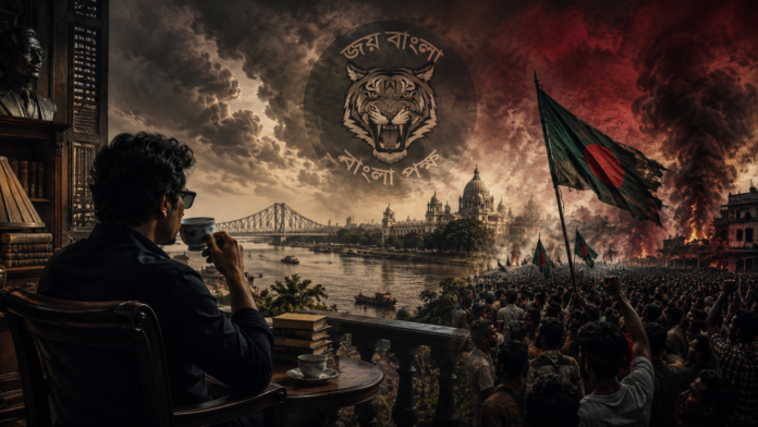 Man watching a patriotic rally with Bangladesh flag and national symbols.