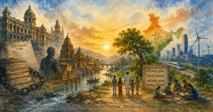 A scenic view blending colonial architecture, traditional life, and modern cityscape at sunset.
