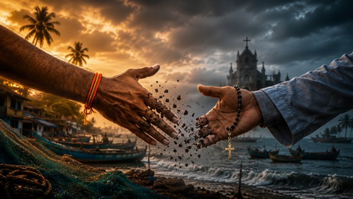 Two hands exchanging sand with church in background at sunset, symbolizing trust and conflict.