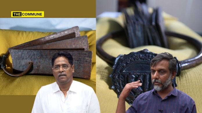 Two men with traditional Indian musical instruments, close-up of the instruments in the background.
