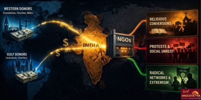Map illustrating foreign funding sources and their influence on India, highlighting religious conver.
