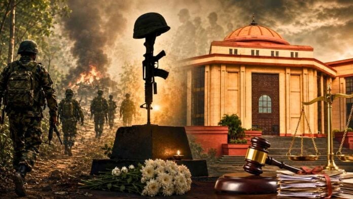 Soldiers at memorial site during Tadametla attack investigation, highlighting sacrifice and security.