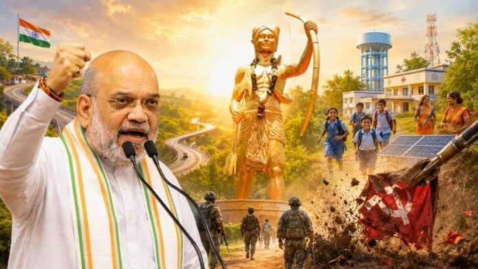 Indian leader Narendra Modi speaking at a rally with a giant statue and students nearby.