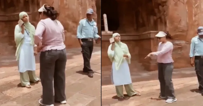 Hindu women engaged in conversation at ancient temple site, showcasing cultural heritage and traditi.