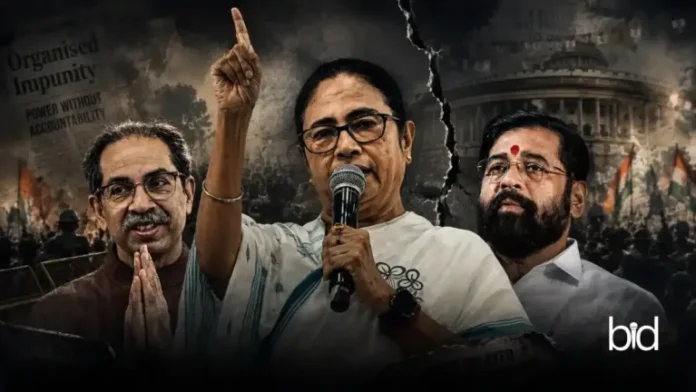 Hindu leaders protesting with raised hands and microphones, political rally, government building bac.